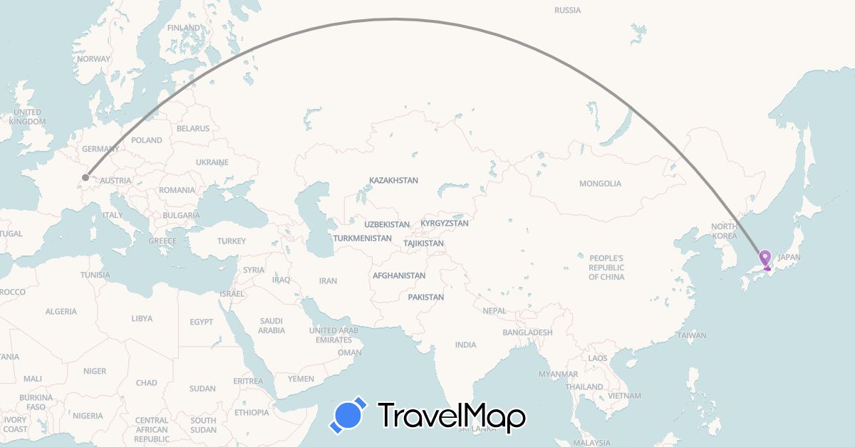 TravelMap itinerary: plane, train in Switzerland, Japan (Asia, Europe)